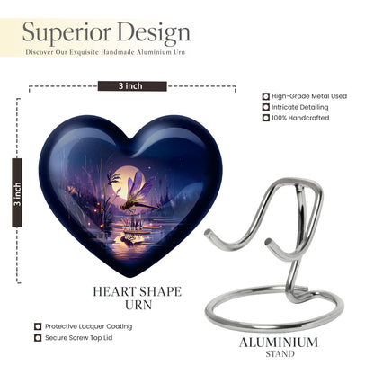 Navy Blue Dragonfly Cremation Urn front view showing detailed design - heart-shaped dragonfly design symbolizing eternal love - mini keepsake memorial for portion of cremation ashes
