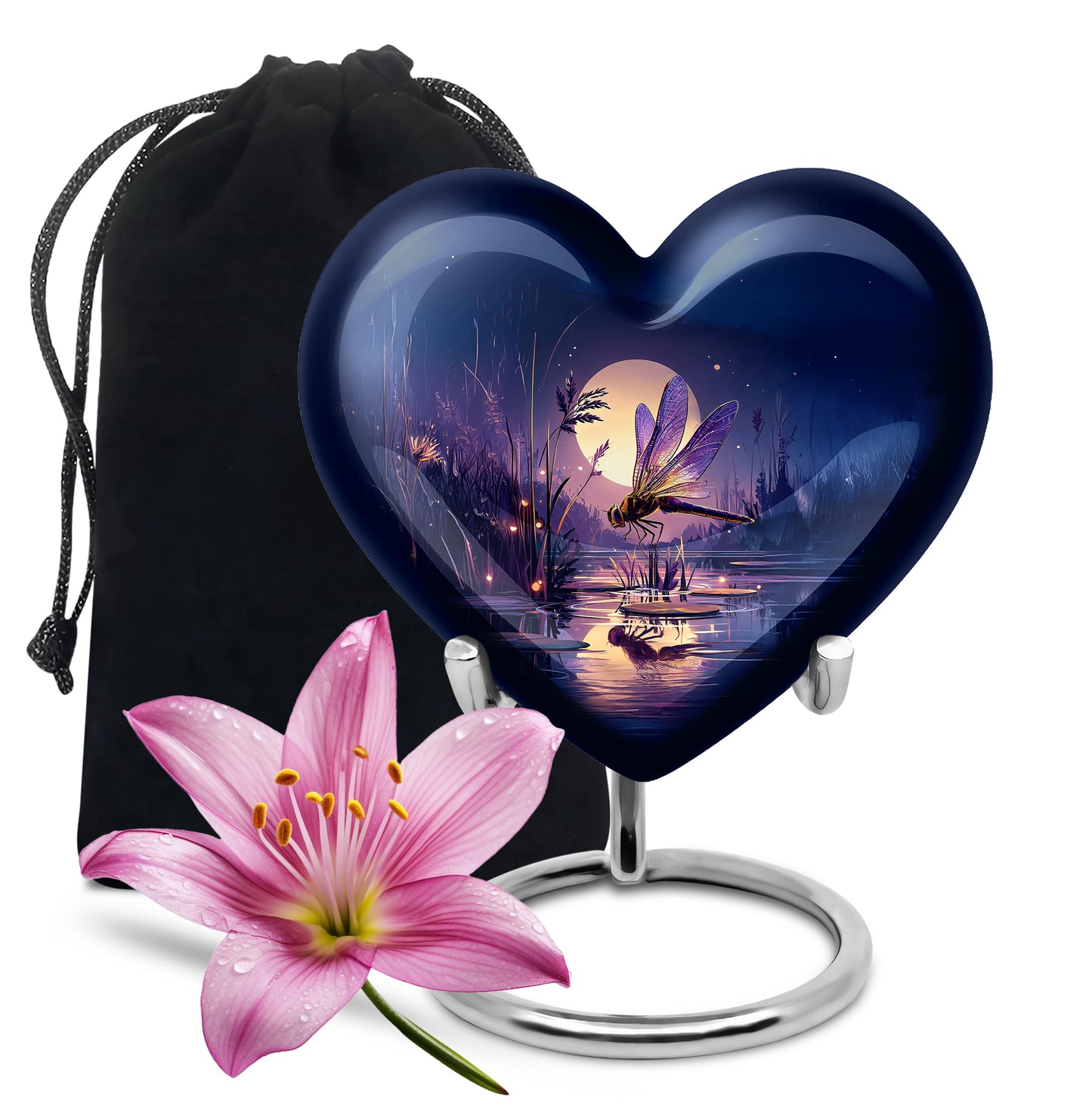 Misty Blue Dragonfly Cremation Urn detail view - loving heart memorial featuring dragonfly pattern - full-size 10 inch 200 cubic inch adult cremation urn