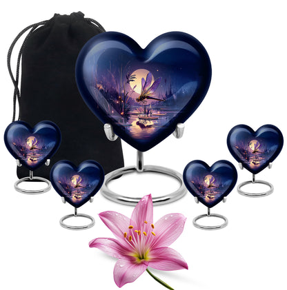 Sapphire Blue Dragonfly Cremation Urn close-up of engraving and surface detail - romantic heart urn with dragonfly motif on aluminum - memorial set with one large and four small urns