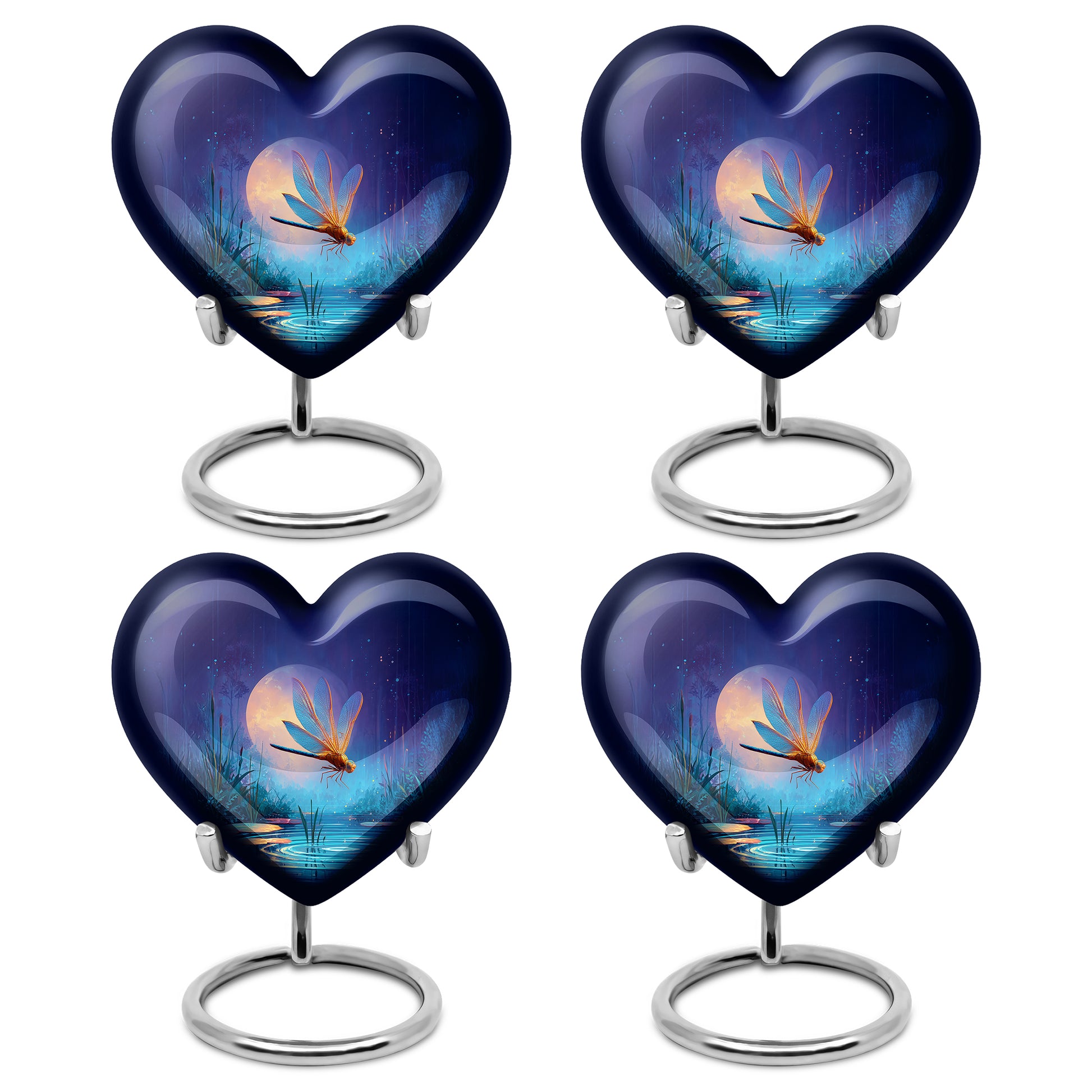 Indigo Dragonfly Cremation Urn angled view of lid and engraved motif - heart-shaped dragonfly design symbolizing eternal love - 10 inch aluminum urn for cremated remains