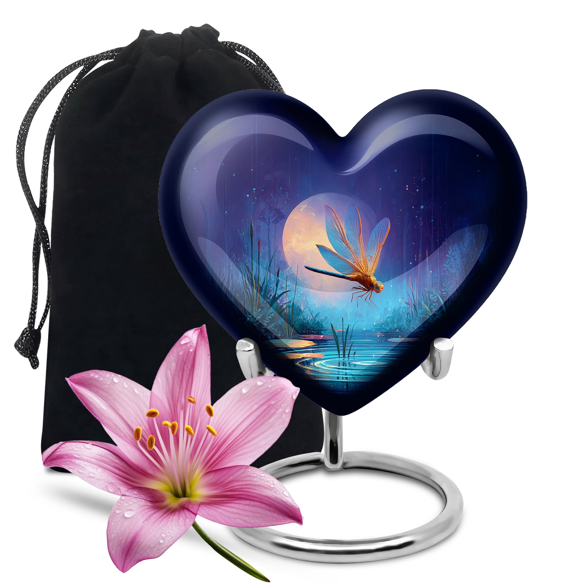 Calming Blue Dragonfly Cremation Urn detail view - compassionate heart-dragonfly combination with gentle curves - full-size 10 inch 200 cubic inch adult cremation urn