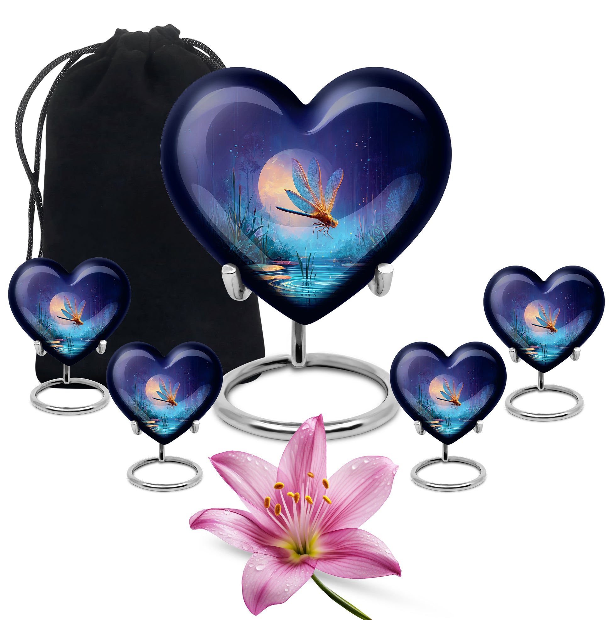 Royal Blue Dragonfly Cremation Urn close-up of engraving and surface detail - compassionate heart-dragonfly combination with gentle curves - memorial set with one large and four small urns