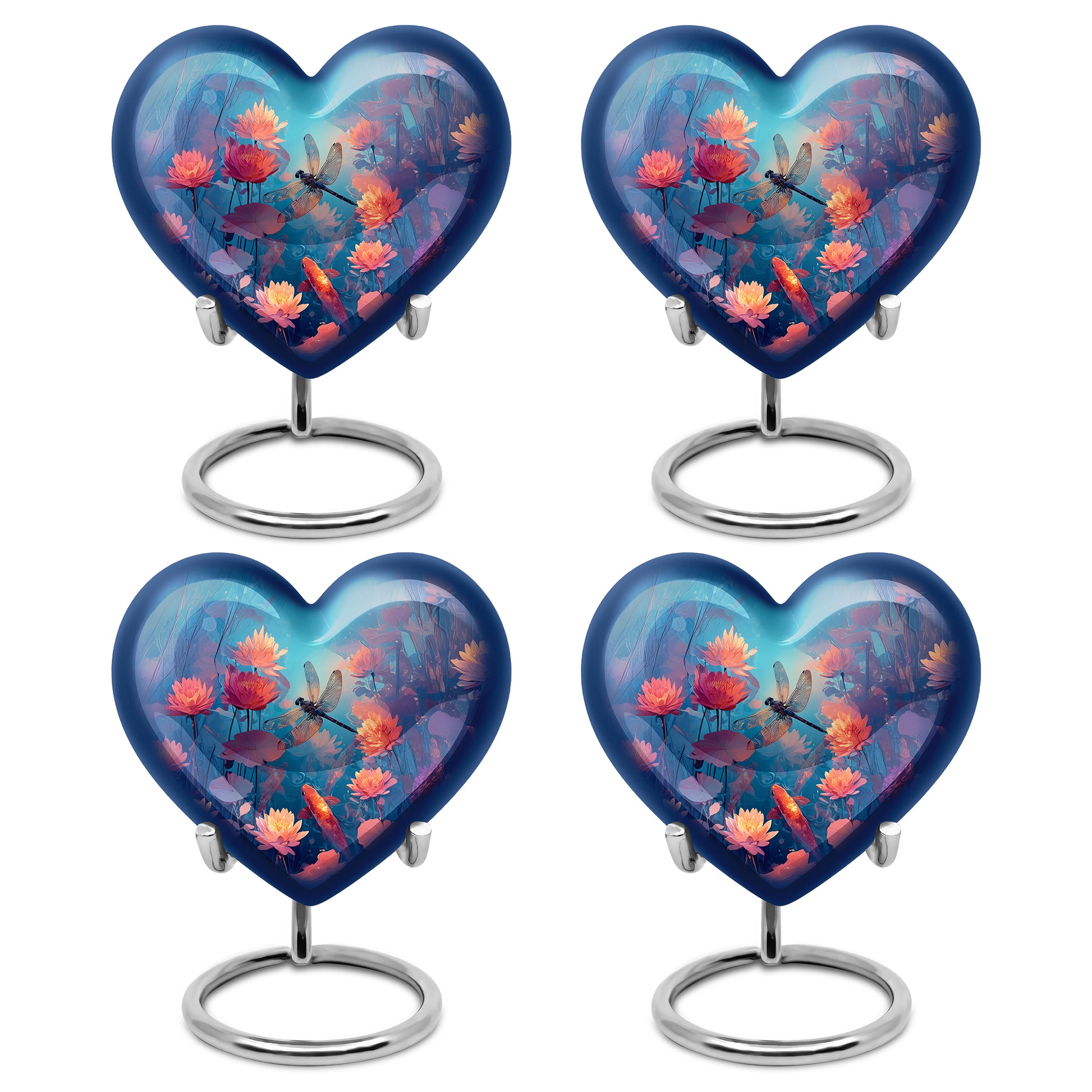 Ocean Teal Dragonfly Cremation Urn angled view of lid and engraved motif - loving heart memorial featuring dragonfly pattern - 10 inch aluminum urn for cremated remains