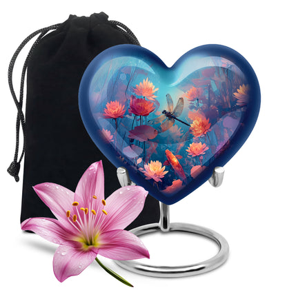 Vivid Teal Dragonfly Cremation Urn detail view - compassionate heart-dragonfly combination with gentle curves - full-size 10 inch 200 cubic inch adult cremation urn