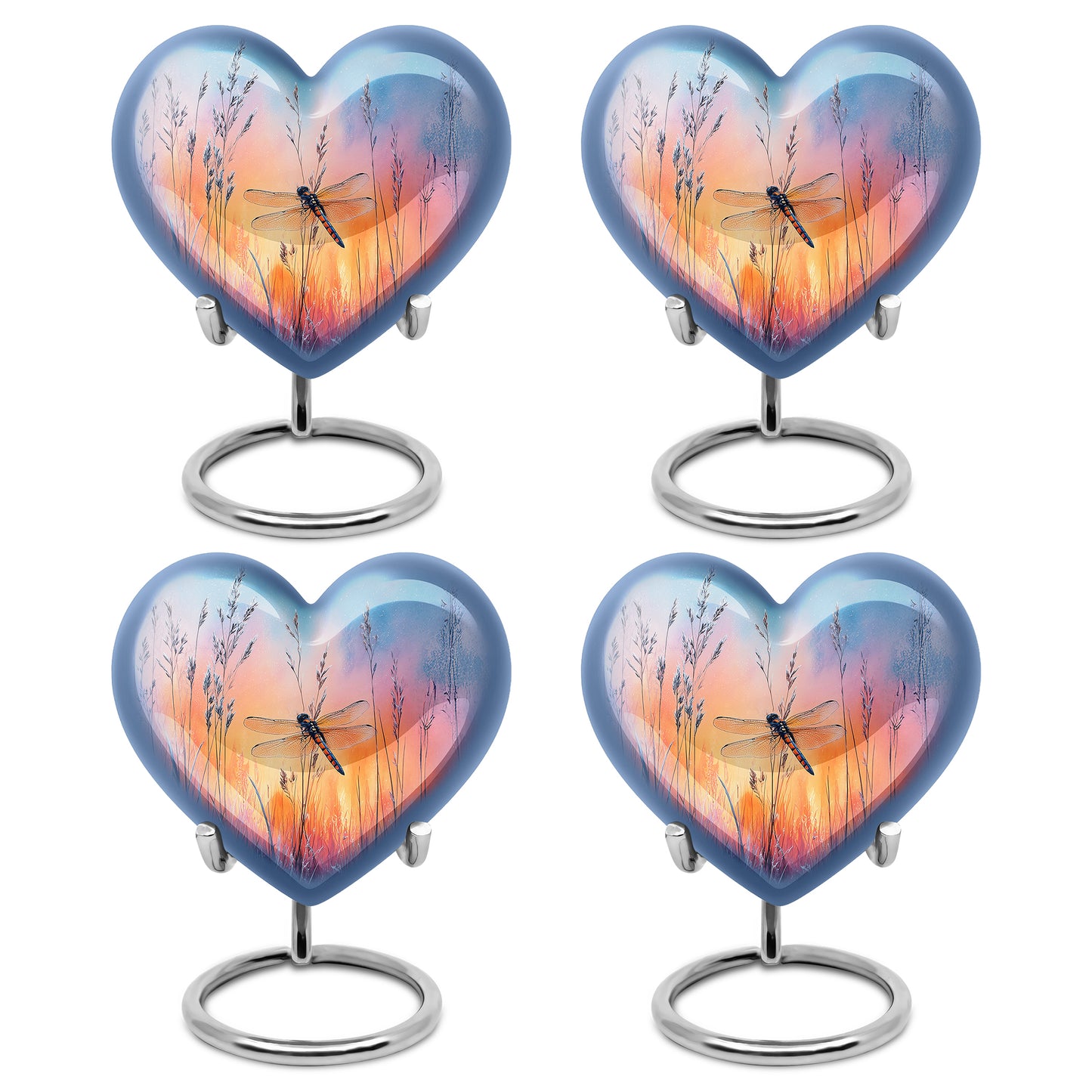 Celestial Blue Dragonfly Cremation Urn angled view of lid and engraved motif - loving heart memorial featuring dragonfly pattern - 10 inch aluminum urn for cremated remains