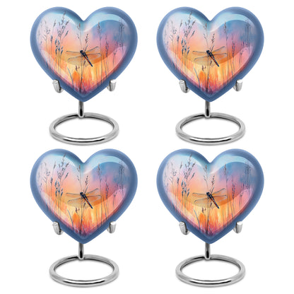 Celestial Blue Dragonfly Cremation Urn angled view of lid and engraved motif - loving heart memorial featuring dragonfly pattern - 10 inch aluminum urn for cremated remains