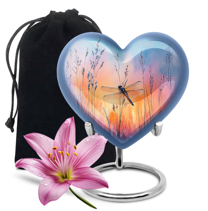 Cornflower Blue Dragonfly Cremation Urn detail view - romantic heart urn with dragonfly motif on aluminum - full-size 10 inch 200 cubic inch adult cremation urn