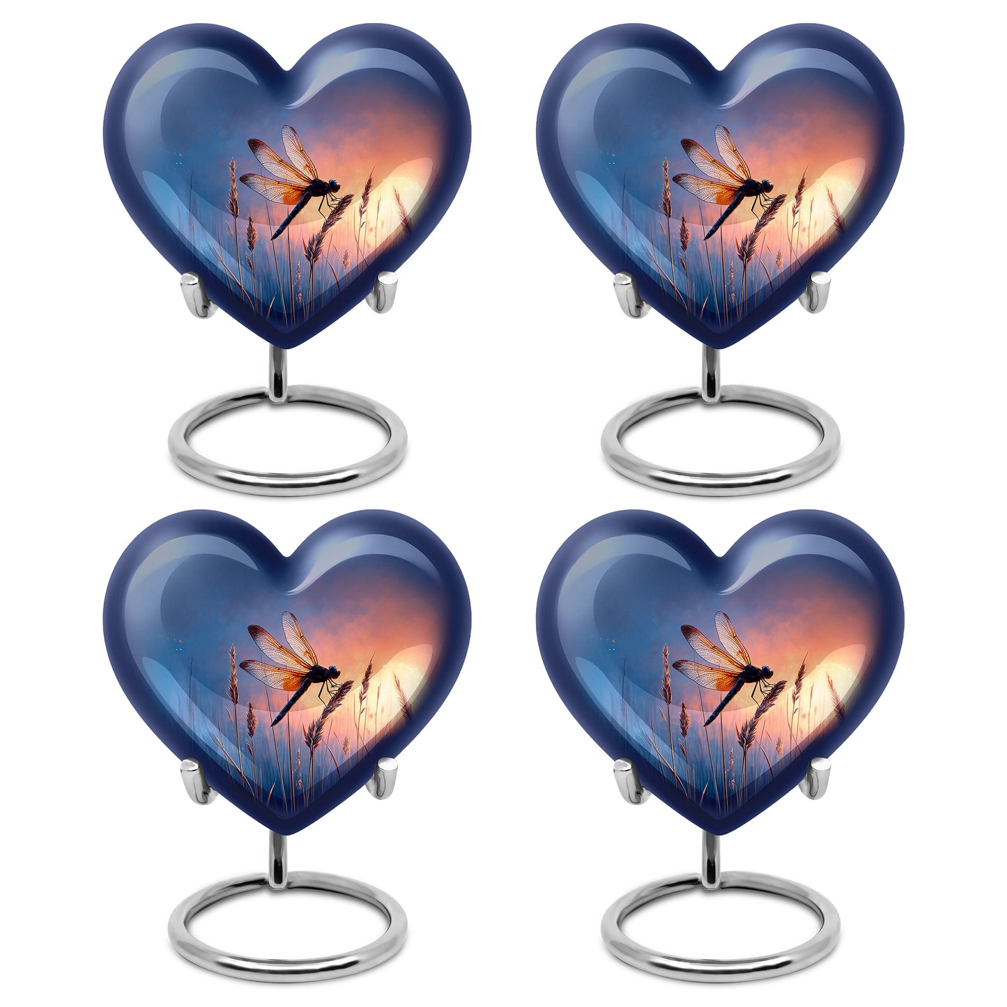 Cornflower Blue Dragonfly Cremation Urn angled view of lid and engraved motif - romantic heart urn with dragonfly motif on aluminum - 10 inch aluminum urn for cremated remains