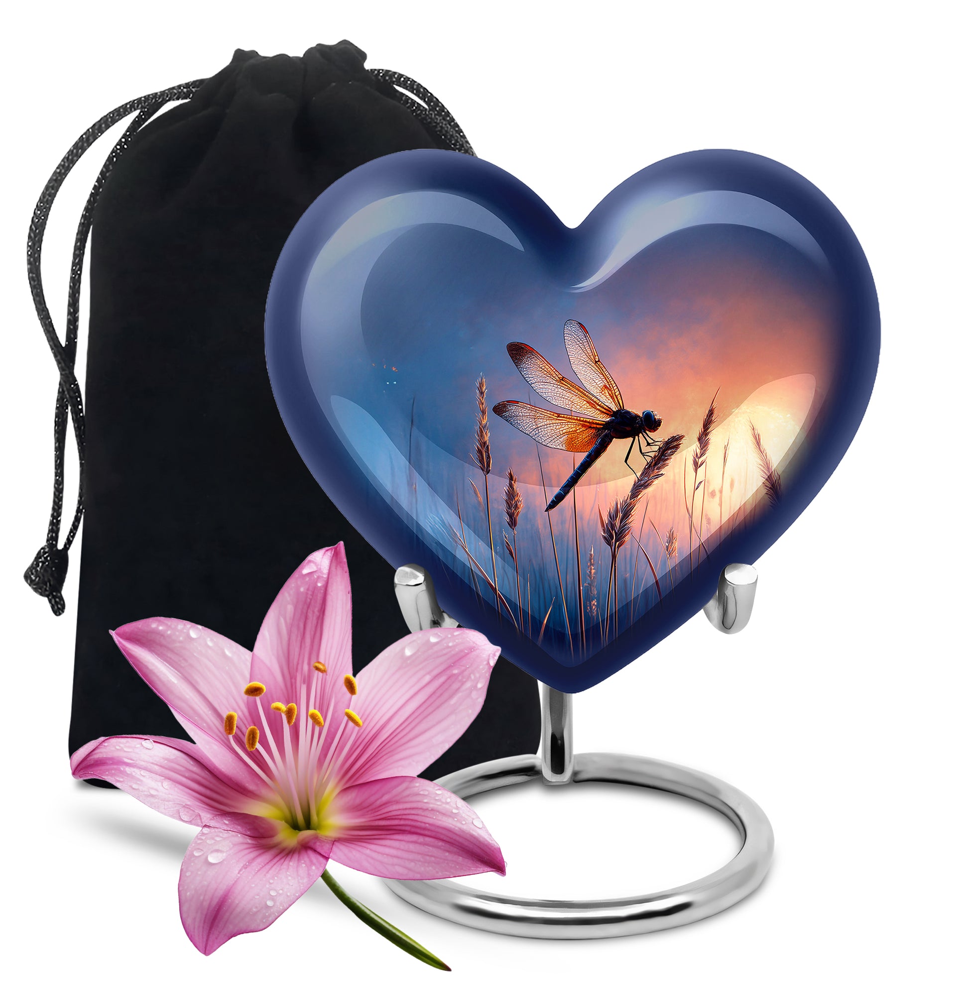 Indigo Dragonfly Cremation Urn detail view - heart-shaped dragonfly design symbolizing eternal love - full-size 10 inch 200 cubic inch adult cremation urn