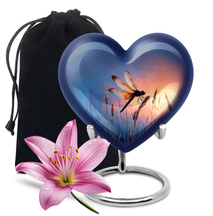 Indigo Dragonfly Cremation Urn detail view - heart-shaped dragonfly design symbolizing eternal love - full-size 10 inch 200 cubic inch adult cremation urn