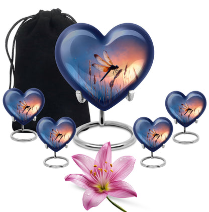 Serene Blue Dragonfly Cremation Urn close-up of engraving and surface detail - compassionate heart-dragonfly combination with gentle curves - memorial set with one large and four small urns