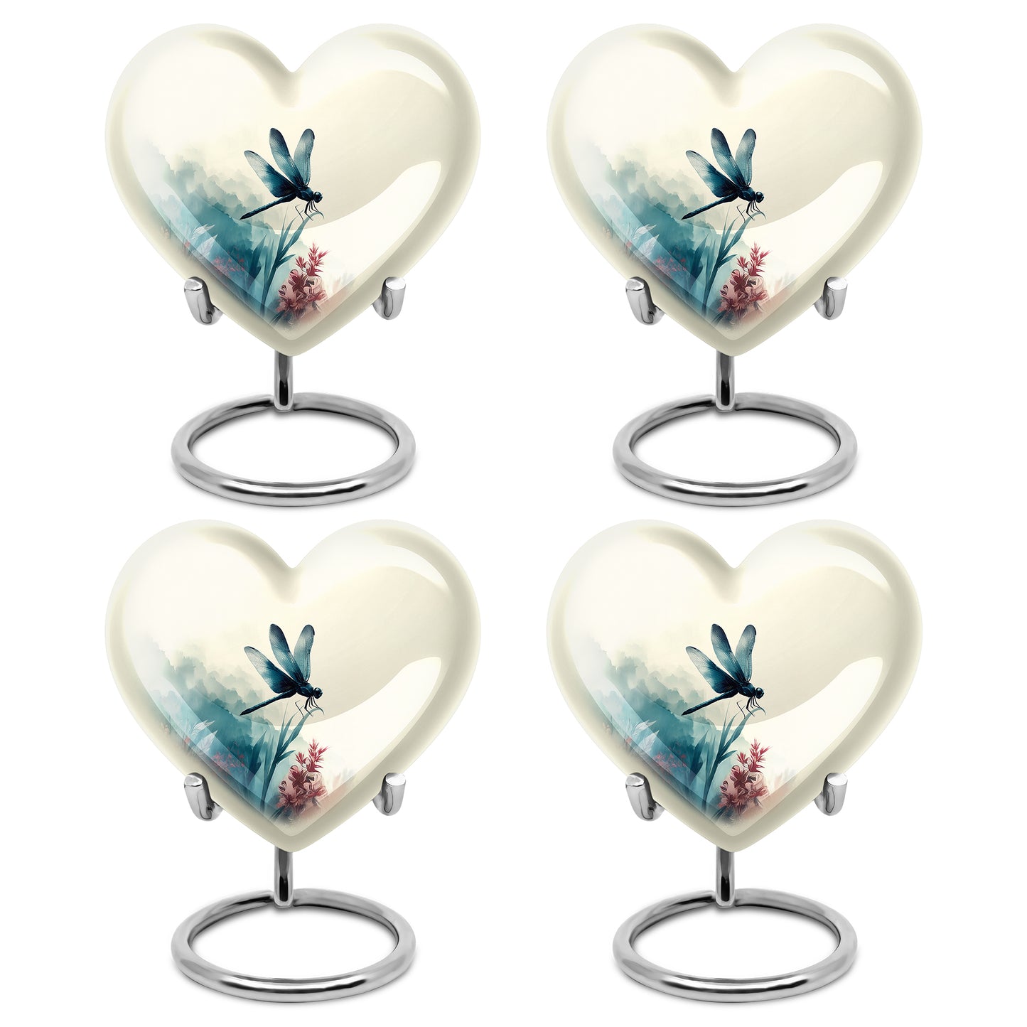 Ivory White Dragonfly Cremation Urn angled view of lid and engraved motif - heart-shaped dragonfly design symbolizing eternal love - 10 inch aluminum urn for cremated remains