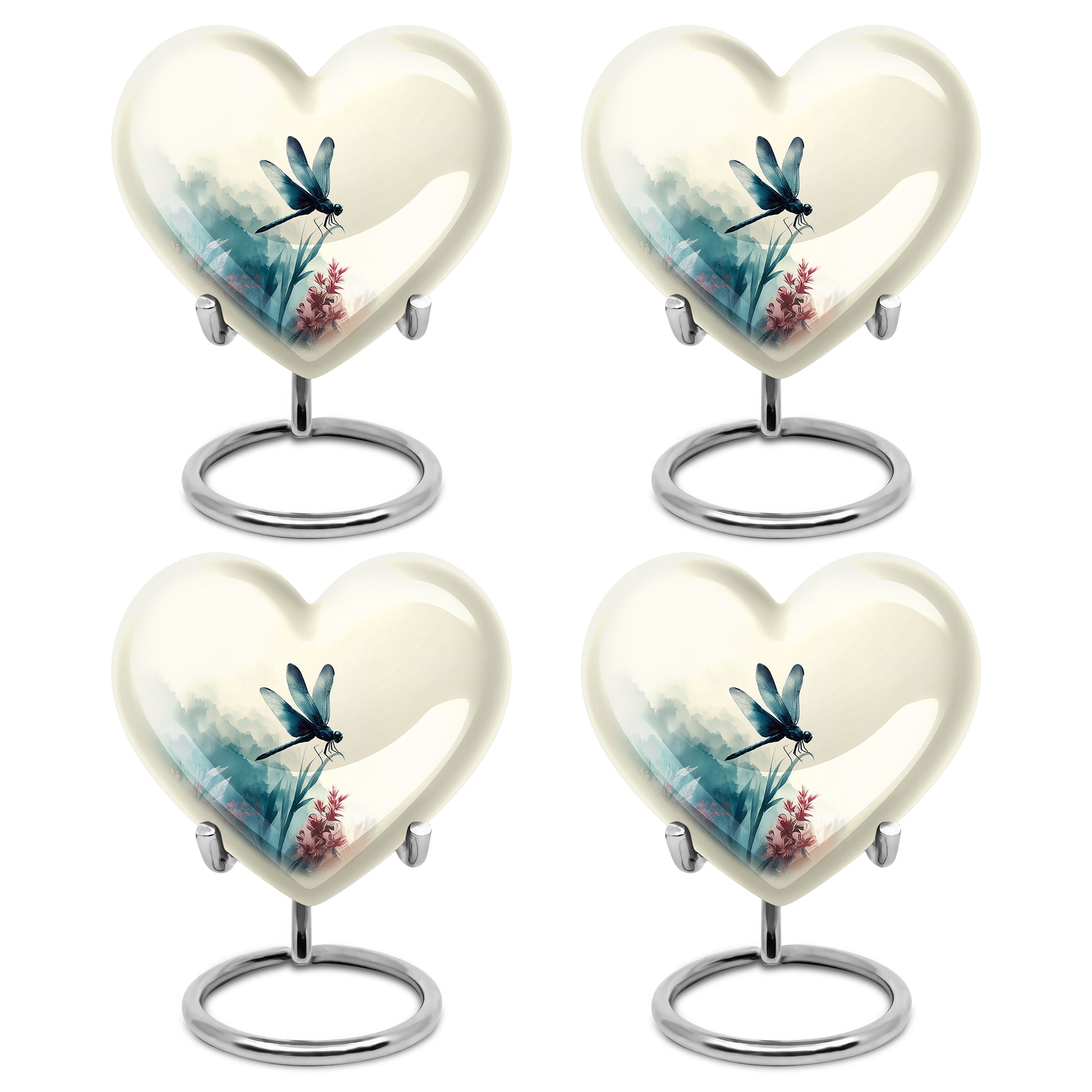 Ivory White Dragonfly Cremation Urn angled view of lid and engraved motif - heart-shaped dragonfly design symbolizing eternal love - 10 inch aluminum urn for cremated remains