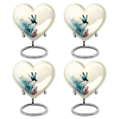 Ivory White Dragonfly Cremation Urn angled view of lid and engraved motif - heart-shaped dragonfly design symbolizing eternal love - 10 inch aluminum urn for cremated remains