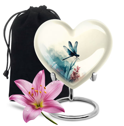Cream White Dragonfly Cremation Urn detail view - compassionate heart-dragonfly combination with gentle curves - full-size 10 inch 200 cubic inch adult cremation urn