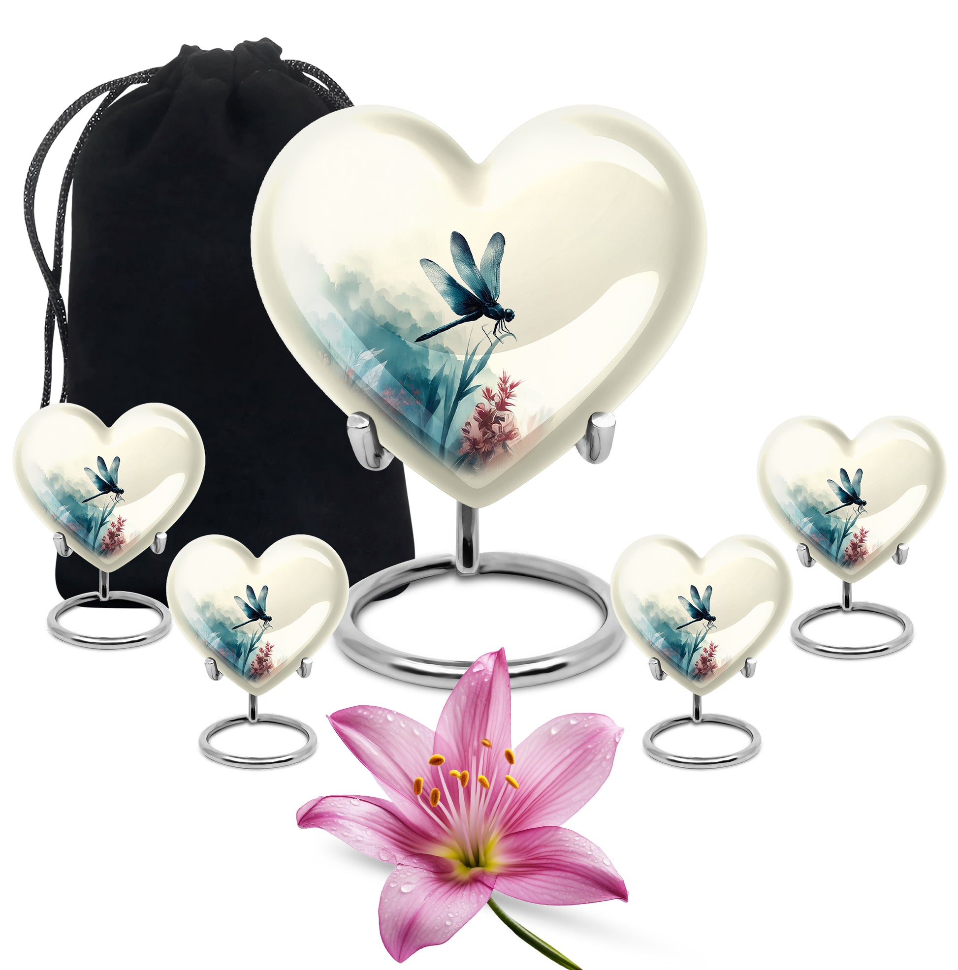 Porcelain White Dragonfly Cremation Urn close-up of engraving and surface detail - compassionate heart-dragonfly combination with gentle curves - memorial set with one large and four small urns
