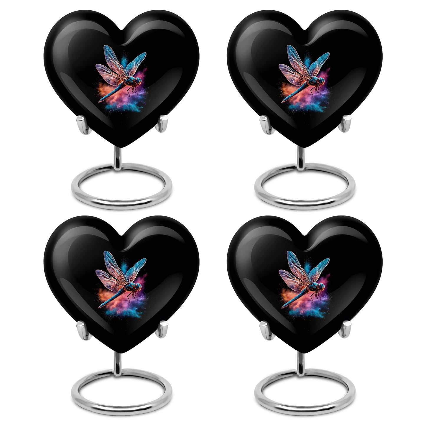 Midnight Black Dragonfly Cremation Urn angled view of lid and engraved motif - romantic heart urn with dragonfly motif on aluminum - 10 inch aluminum urn for cremated remains