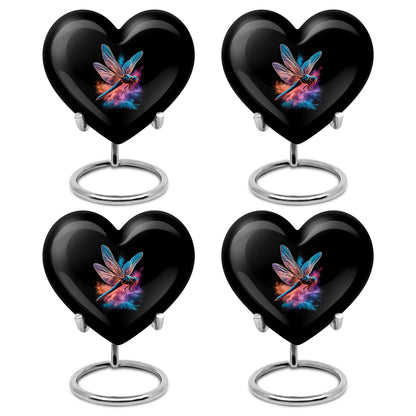 Midnight Black Dragonfly Cremation Urn angled view of lid and engraved motif - romantic heart urn with dragonfly motif on aluminum - 10 inch aluminum urn for cremated remains