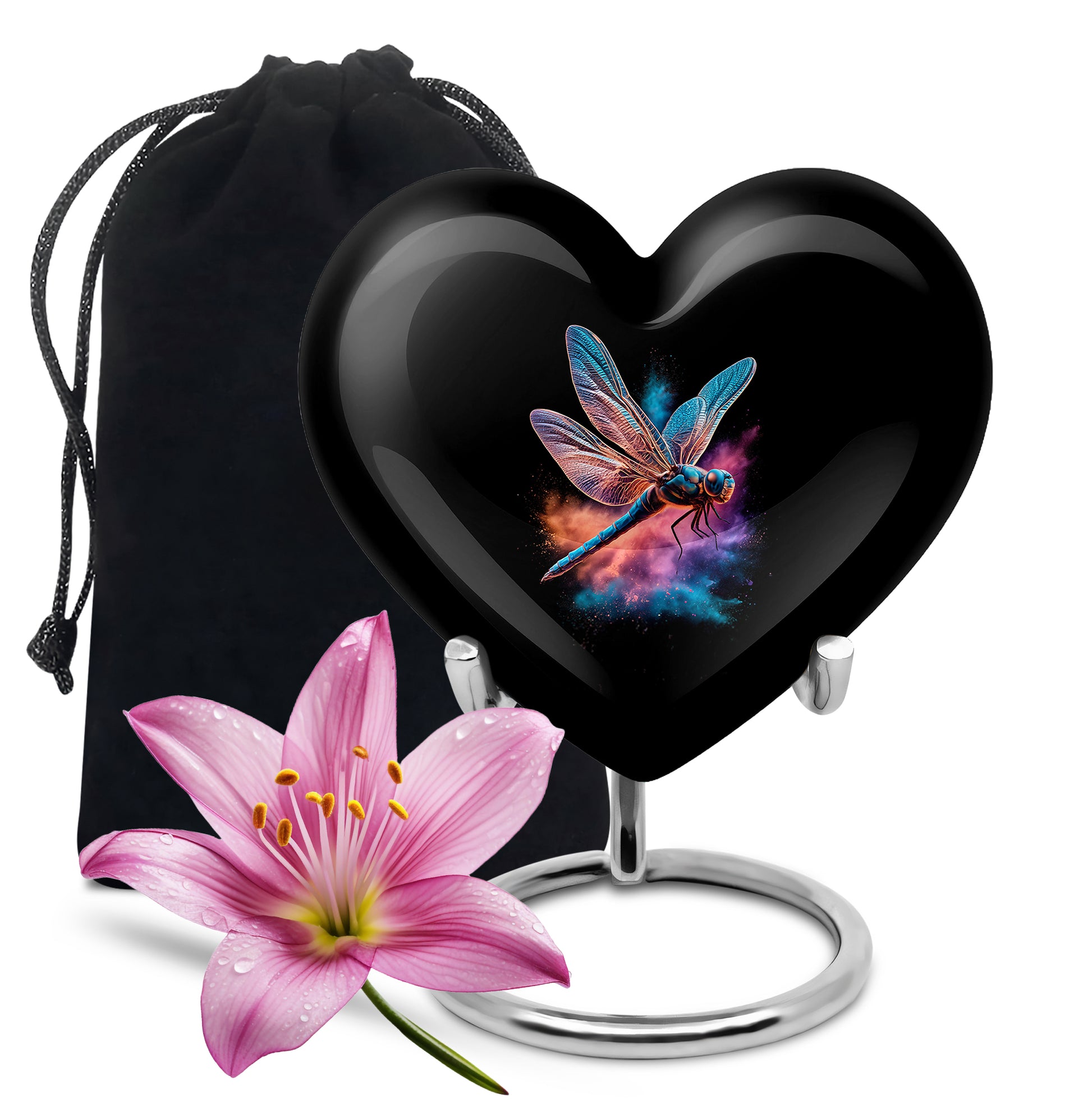 Charcoal Black Dragonfly Cremation Urn detail view - romantic heart urn with dragonfly motif on aluminum - full-size 10 inch 200 cubic inch adult cremation urn
