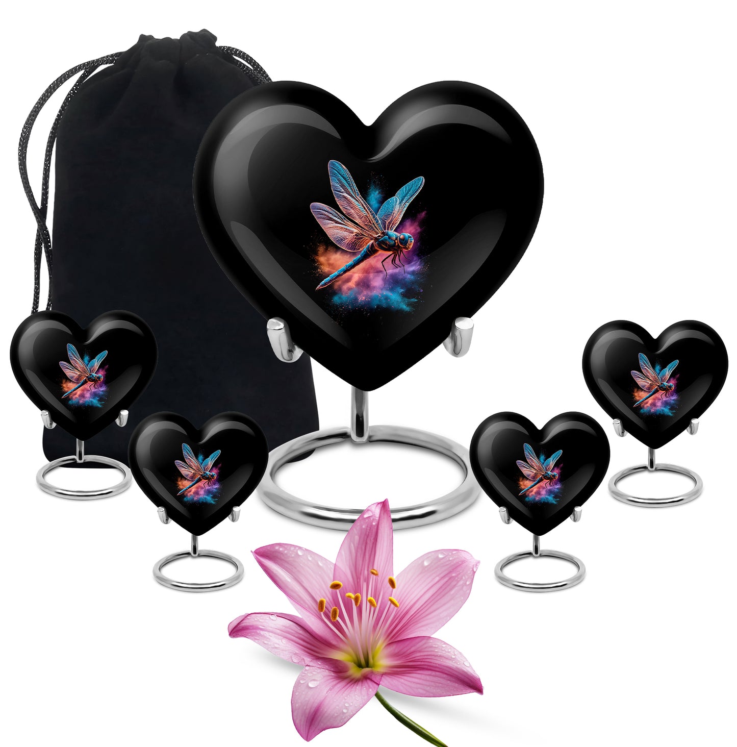 Rich Black Dragonfly Cremation Urn close-up of engraving and surface detail - heart-shaped dragonfly design symbolizing eternal love - memorial set with one large and four small urns