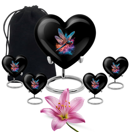 Rich Black Dragonfly Cremation Urn close-up of engraving and surface detail - heart-shaped dragonfly design symbolizing eternal love - memorial set with one large and four small urns