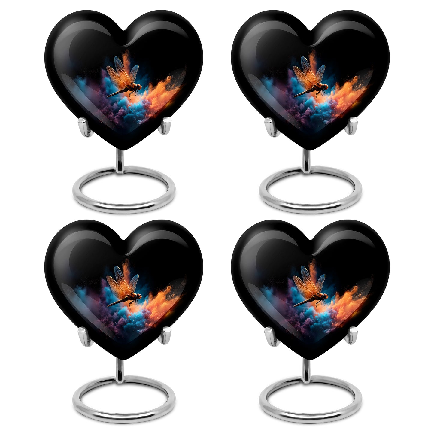 Jet Black Dragonfly Cremation Urn angled view of lid and engraved motif - heart-shaped dragonfly design symbolizing eternal love - 10 inch aluminum urn for cremated remains