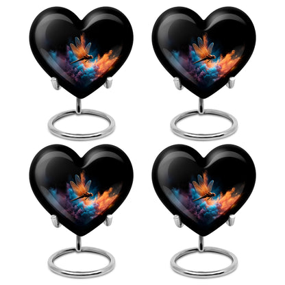 Jet Black Dragonfly Cremation Urn angled view of lid and engraved motif - heart-shaped dragonfly design symbolizing eternal love - 10 inch aluminum urn for cremated remains