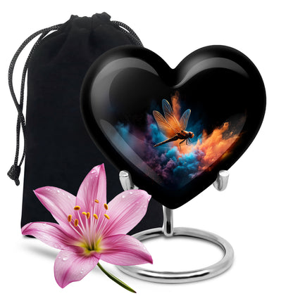 Ebony Dragonfly Cremation Urn detail view - heart-shaped dragonfly design symbolizing eternal love - full-size 10 inch 200 cubic inch adult cremation urn