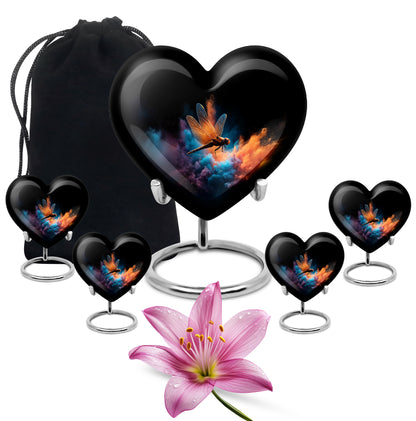 Glossy Black Dragonfly Cremation Urn close-up of engraving and surface detail - heart-shaped dragonfly design symbolizing eternal love - memorial set with one large and four small urns