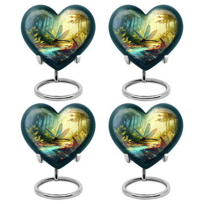 Vivid Teal Dragonfly Cremation Urn angled view of lid and engraved motif - compassionate heart-dragonfly combination with gentle curves - 10 inch aluminum urn for cremated remains