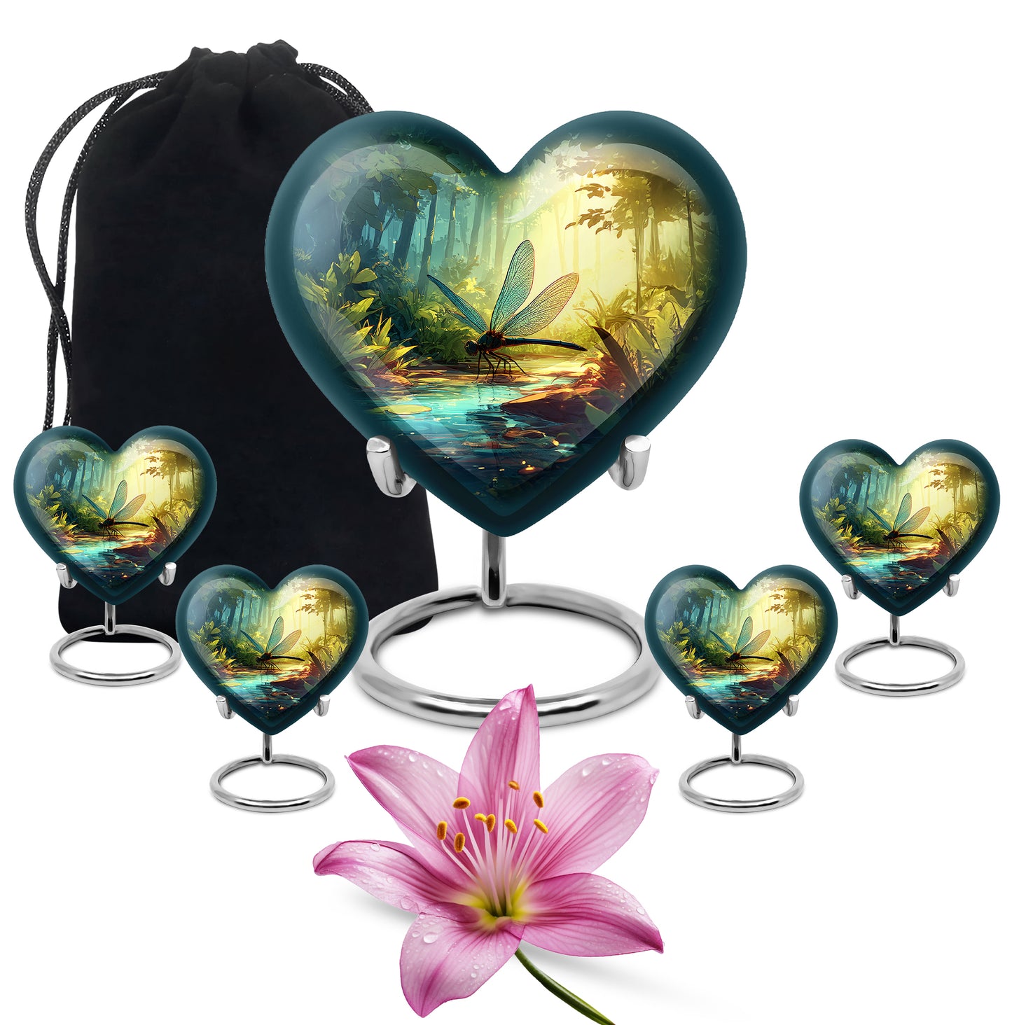 Soft Teal Dragonfly Cremation Urn close-up of engraving and surface detail - loving heart memorial featuring dragonfly pattern - memorial set with one large and four small urns