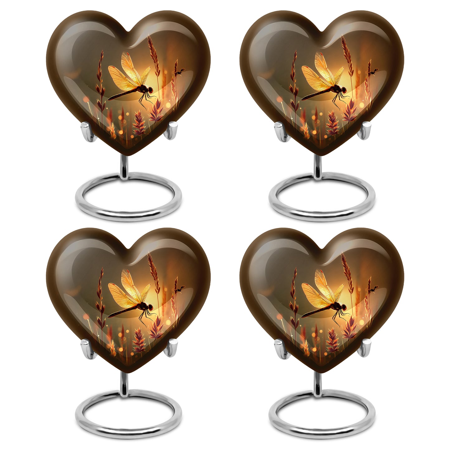 Matte Gold Dragonfly Cremation Urn angled view of lid and engraved motif - compassionate heart-dragonfly combination with gentle curves - 10 inch aluminum urn for cremated remains