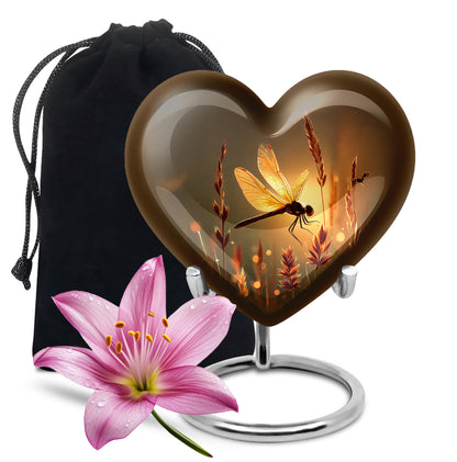 Amber Gold Dragonfly Cremation Urn detail view - heart-shaped dragonfly design symbolizing eternal love - full-size 10 inch 200 cubic inch adult cremation urn