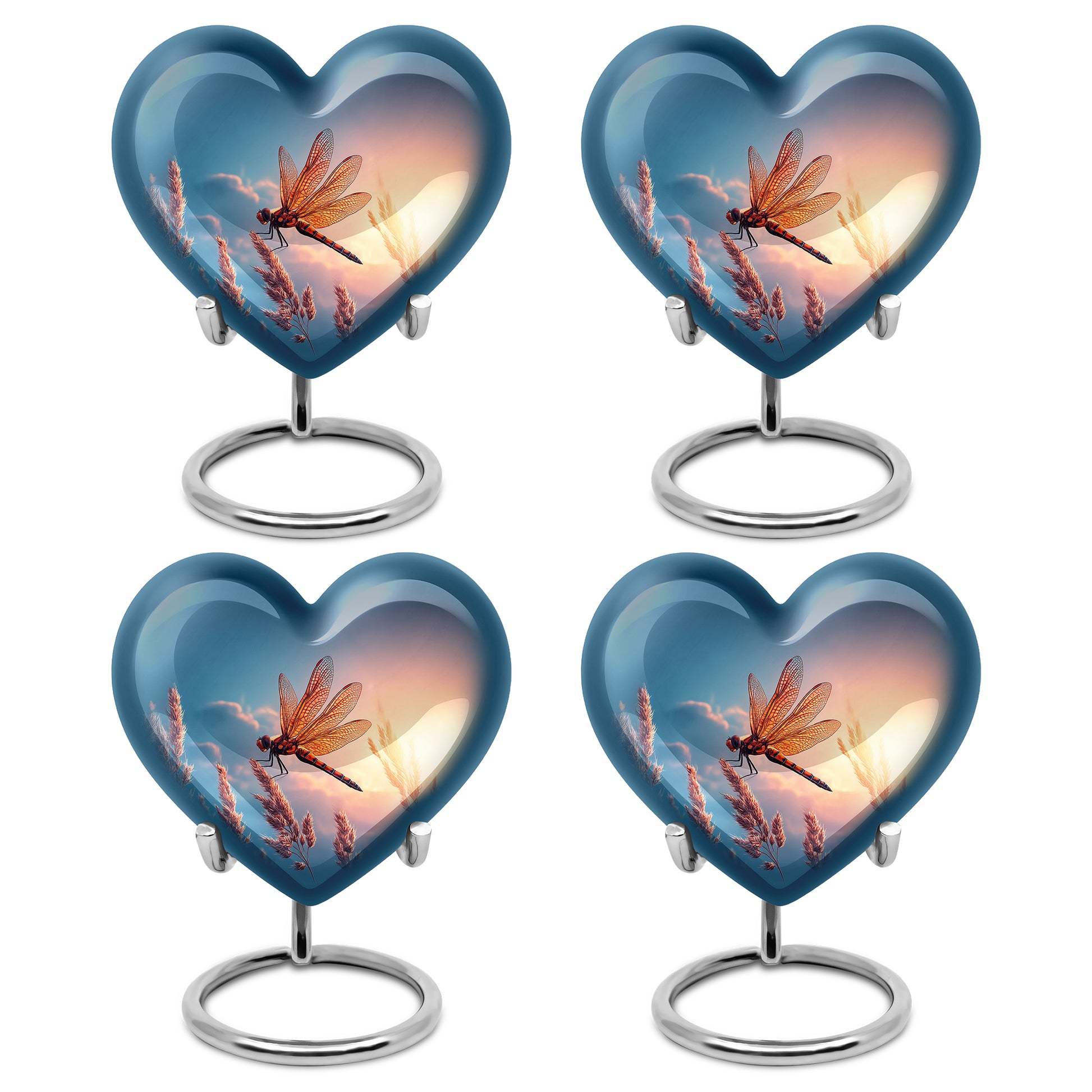 Sky Blue Dragonfly Cremation Urn angled view of lid and engraved motif - heart-shaped dragonfly design symbolizing eternal love - 10 inch aluminum urn for cremated remains