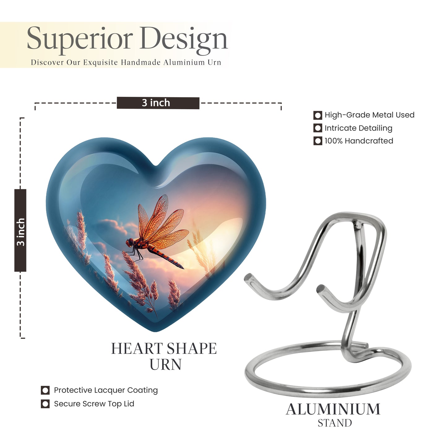 Icy Blue Dragonfly Cremation Urn front view showing detailed design - heart-shaped dragonfly design symbolizing eternal love - mini keepsake memorial for portion of cremation ashes