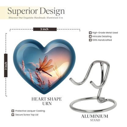 Icy Blue Dragonfly Cremation Urn front view showing detailed design - heart-shaped dragonfly design symbolizing eternal love - mini keepsake memorial for portion of cremation ashes
