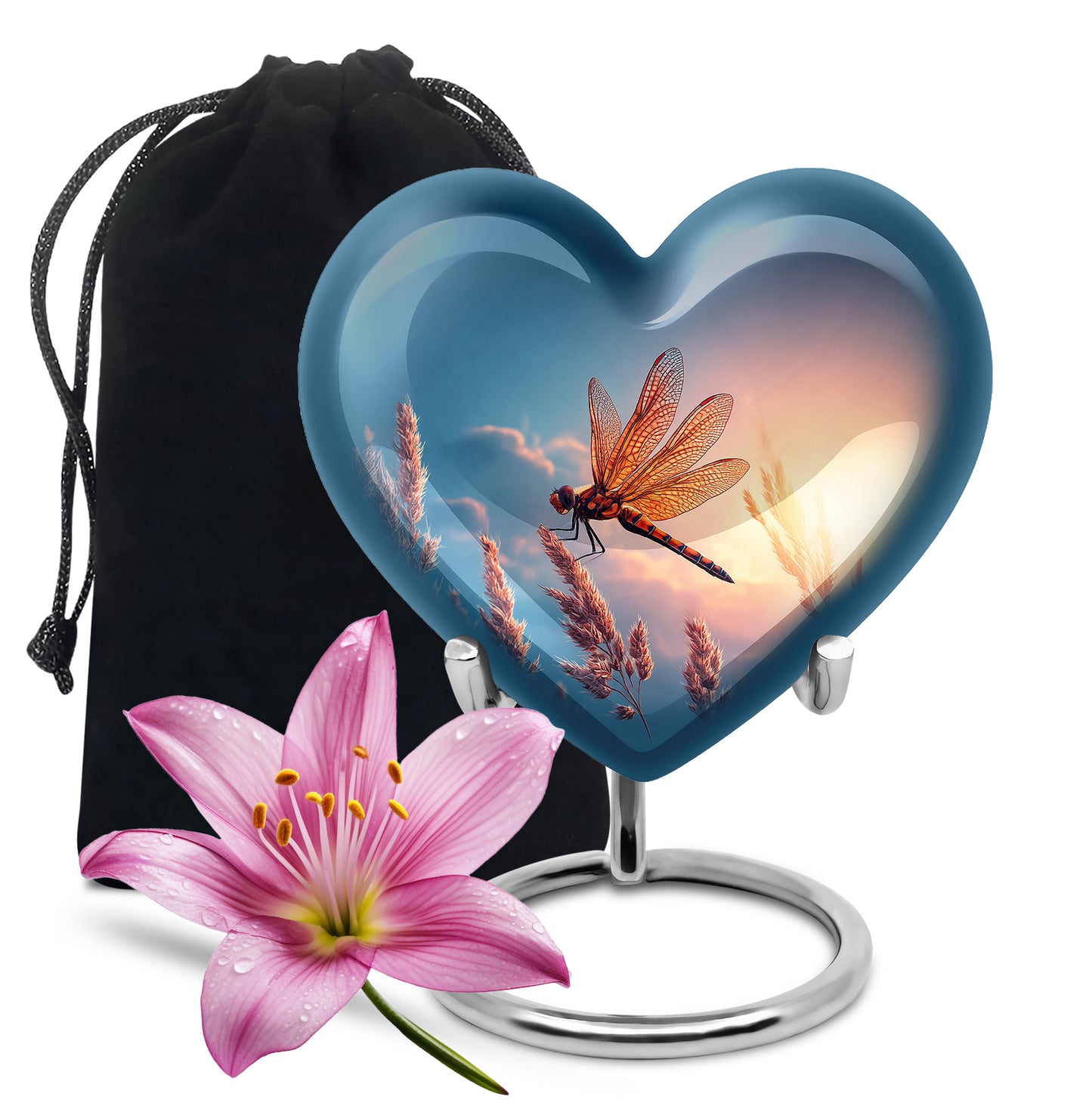 Vivid Blue Dragonfly Cremation Urn detail view - romantic heart urn with dragonfly motif on aluminum - full-size 10 inch 200 cubic inch adult cremation urn