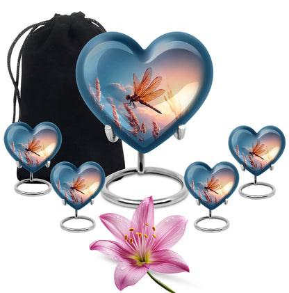 Twilight Blue Dragonfly Cremation Urn close-up of engraving and surface detail - compassionate heart-dragonfly combination with gentle curves - memorial set with one large and four small urns