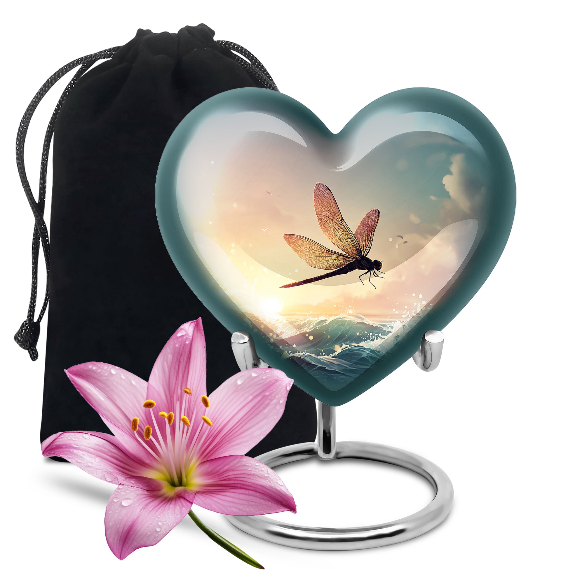 Steel Gray Dragonfly Cremation Urn detail view - compassionate heart-dragonfly combination with gentle curves - full-size 10 inch 200 cubic inch adult cremation urn