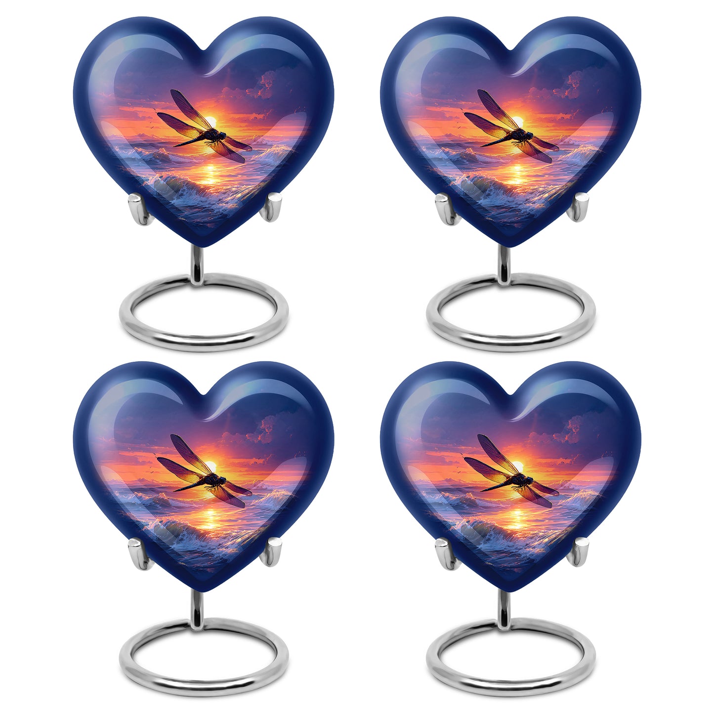 Sky Blue Dragonfly Cremation Urn angled view of lid and engraved motif - loving heart memorial featuring dragonfly pattern - 10 inch aluminum urn for cremated remains