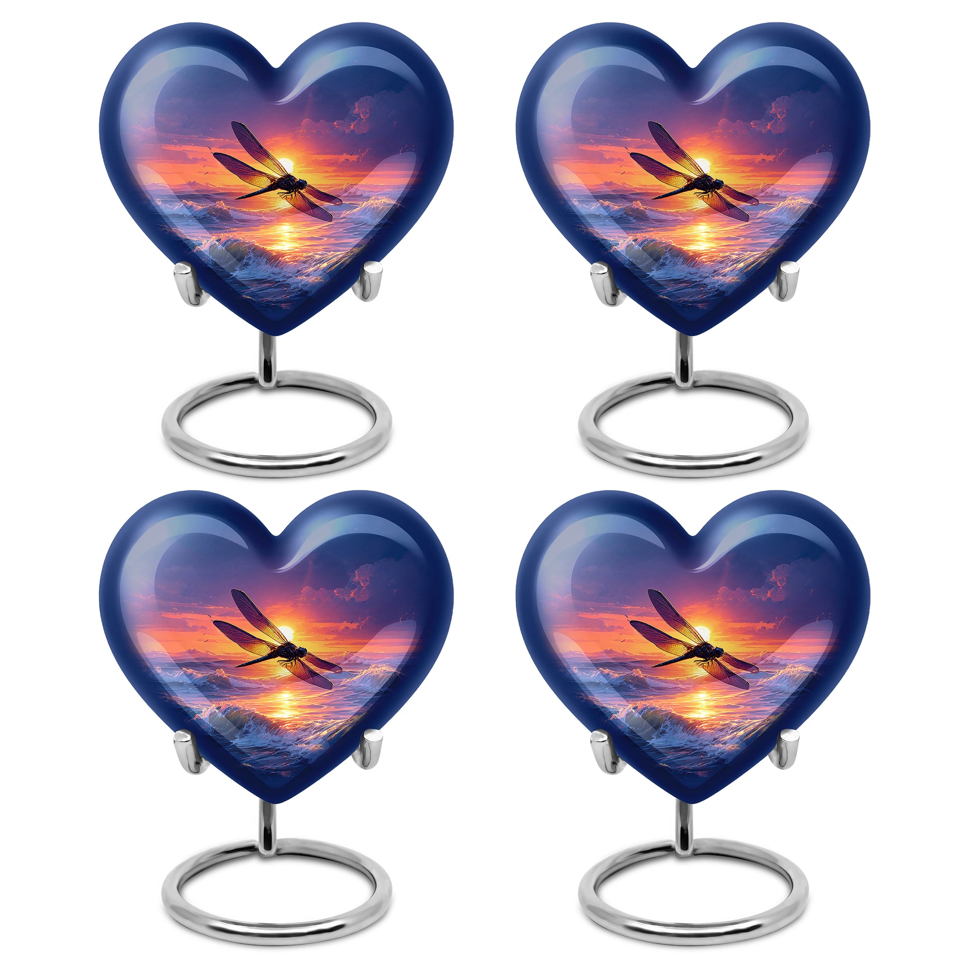 Sky Blue Dragonfly Cremation Urn angled view of lid and engraved motif - loving heart memorial featuring dragonfly pattern - 10 inch aluminum urn for cremated remains