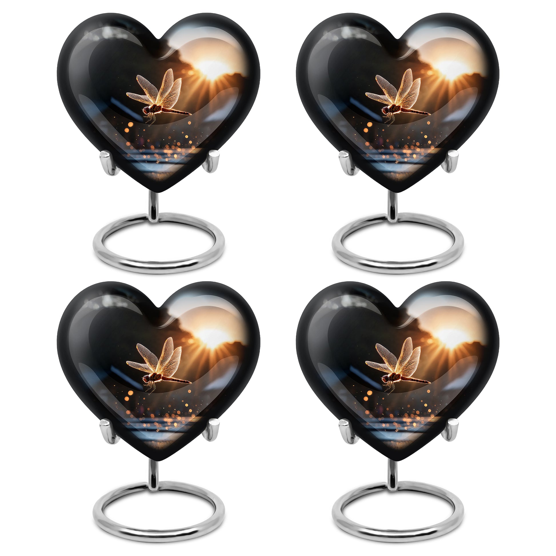 Deep Black Dragonfly Cremation Urn angled view of lid and engraved motif - loving heart memorial featuring dragonfly pattern - 10 inch aluminum urn for cremated remains