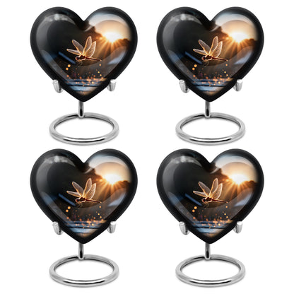 Deep Black Dragonfly Cremation Urn angled view of lid and engraved motif - loving heart memorial featuring dragonfly pattern - 10 inch aluminum urn for cremated remains