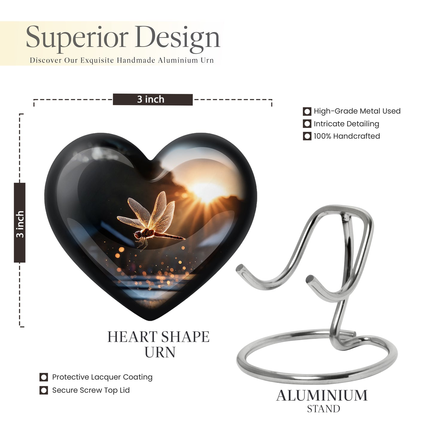 Deep Black Dragonfly Cremation Urn front view showing detailed design - heart-shaped dragonfly design symbolizing eternal love - mini keepsake memorial for portion of cremation ashes