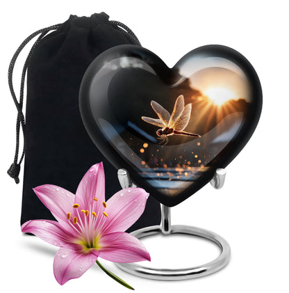 Ebony Dragonfly Cremation Urn detail view - heart-shaped dragonfly design symbolizing eternal love - full-size 10 inch 200 cubic inch adult cremation urn