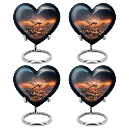 Sapphire Blue Dragonfly Cremation Urn angled view of lid and engraved motif - compassionate heart-dragonfly combination with gentle curves - 10 inch aluminum urn for cremated remains