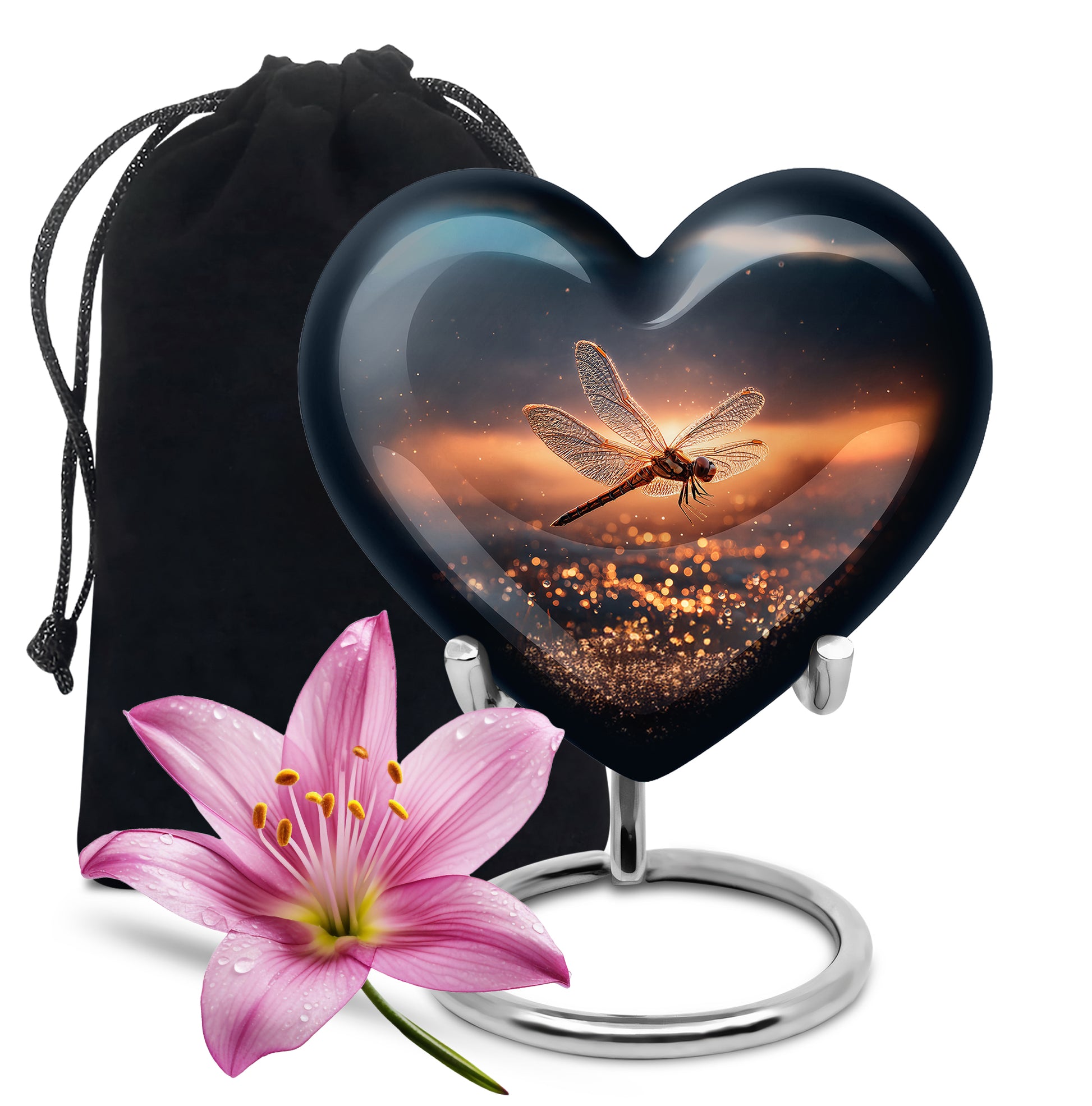Slate Blue Dragonfly Cremation Urn detail view - heart-shaped dragonfly design symbolizing eternal love - full-size 10 inch 200 cubic inch adult cremation urn