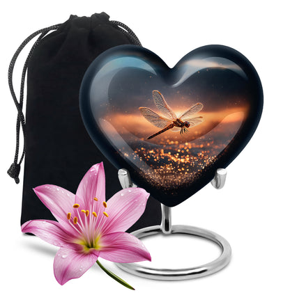 Slate Blue Dragonfly Cremation Urn detail view - heart-shaped dragonfly design symbolizing eternal love - full-size 10 inch 200 cubic inch adult cremation urn