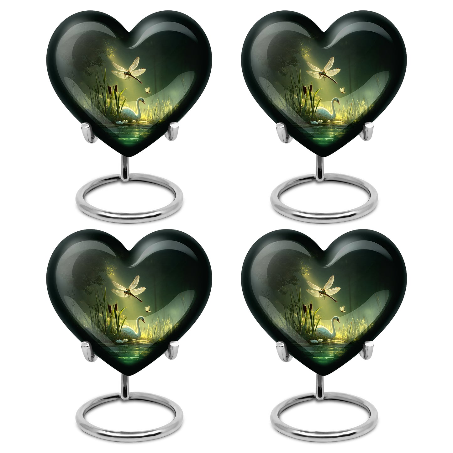 Sage Green Dragonfly Cremation Urn angled view of lid and engraved motif - heart-shaped dragonfly design symbolizing eternal love - 10 inch aluminum urn for cremated remains