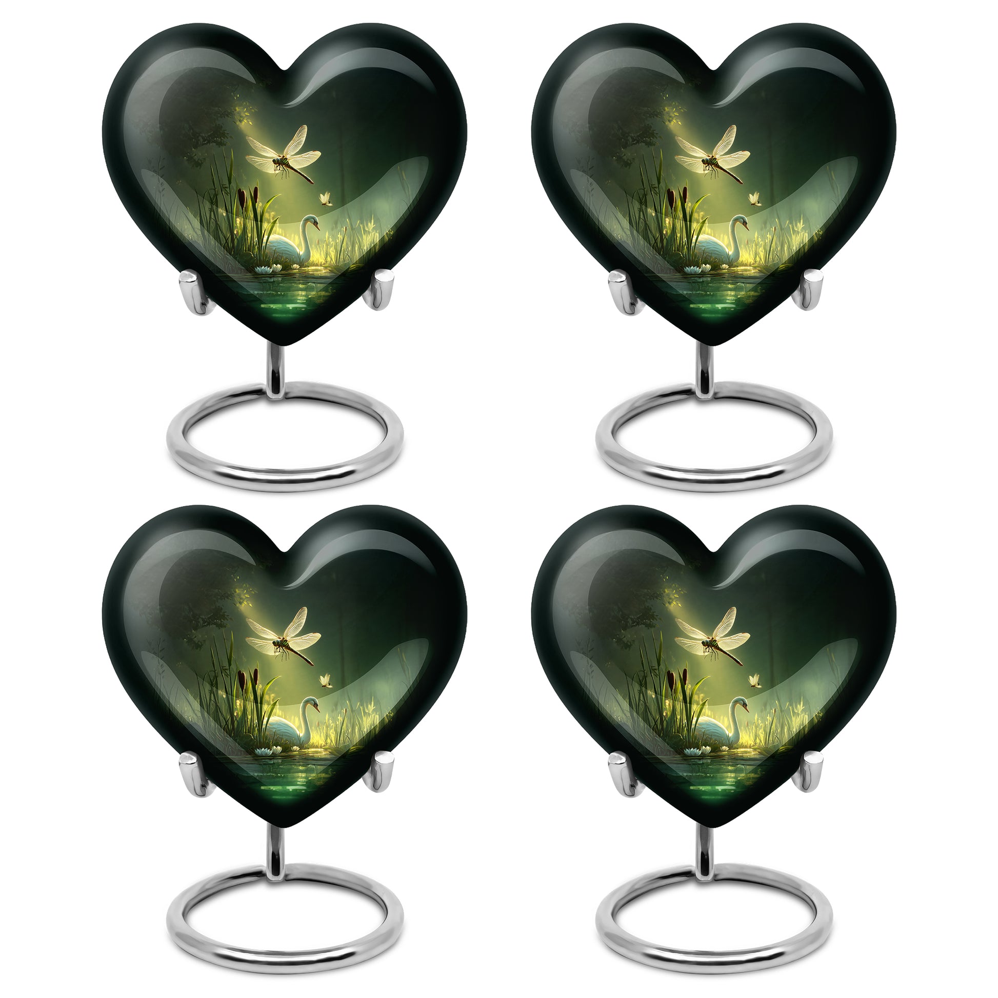 Sage Green Dragonfly Cremation Urn angled view of lid and engraved motif - heart-shaped dragonfly design symbolizing eternal love - 10 inch aluminum urn for cremated remains